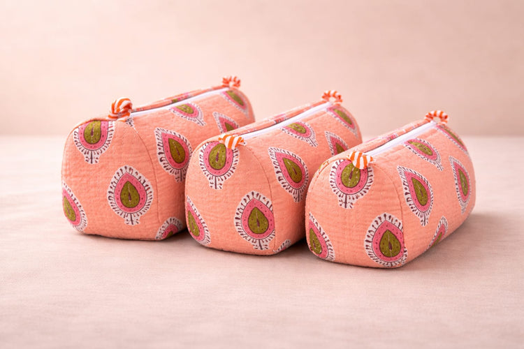 Peach Red Buti Handblocked Quilted Cotton Pouch