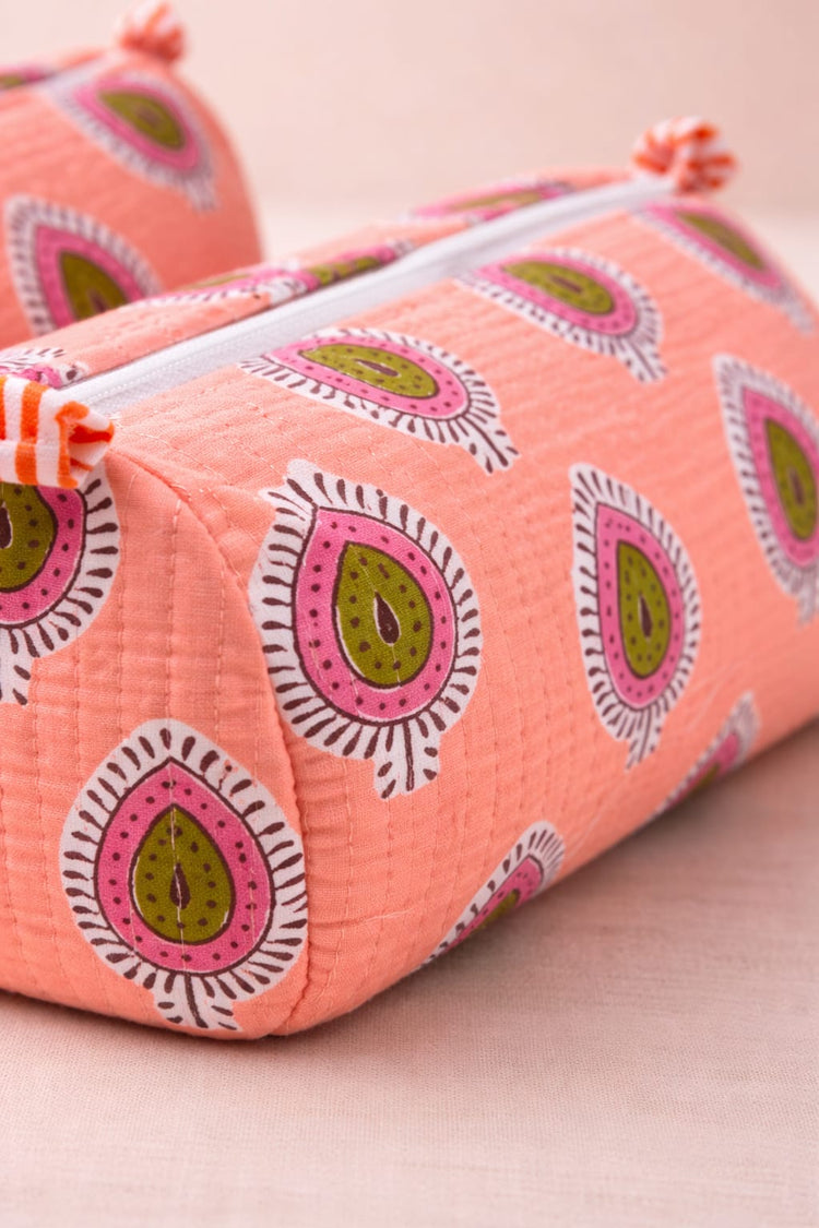 Peach Red Buti Handblocked Quilted Cotton Pouch