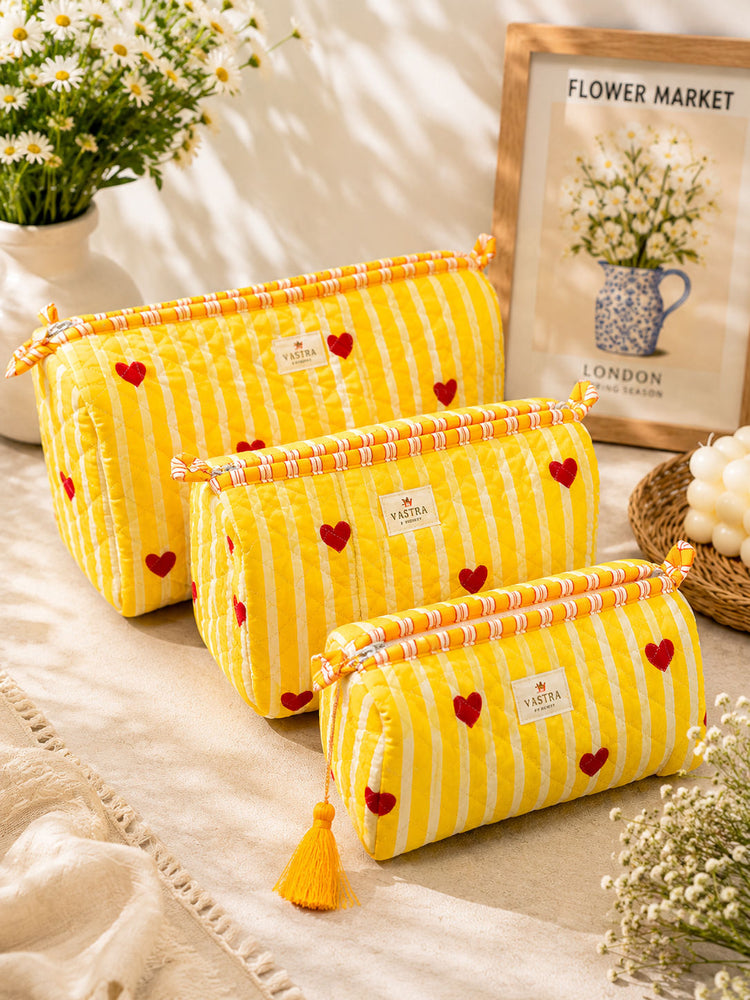 Yellow Heart Cotton Quilted Pouch Set With Tassel