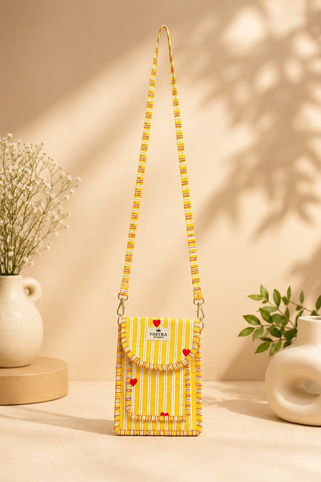 Rajwadi Heartline yellow Stripes Cotton Quilted Cross Shoulder Sling Bag by Vastra by Monty