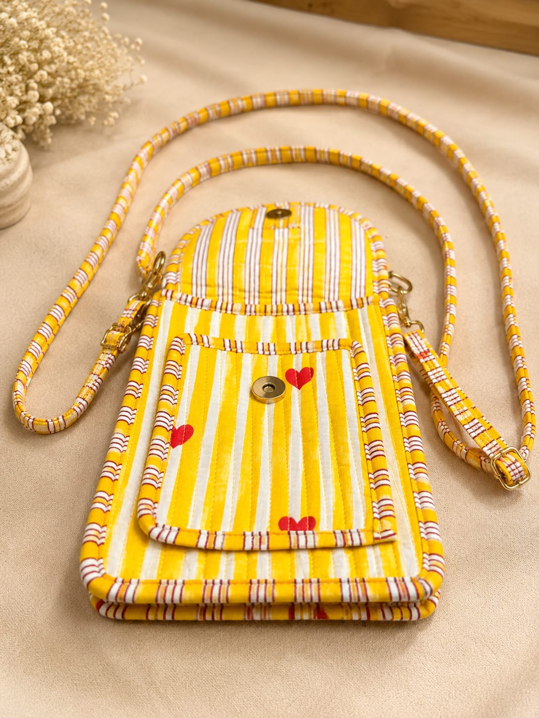Rajwadi Heartline yellow Stripes Cotton Quilted Cross Shoulder Sling Bag by Vastra by Monty