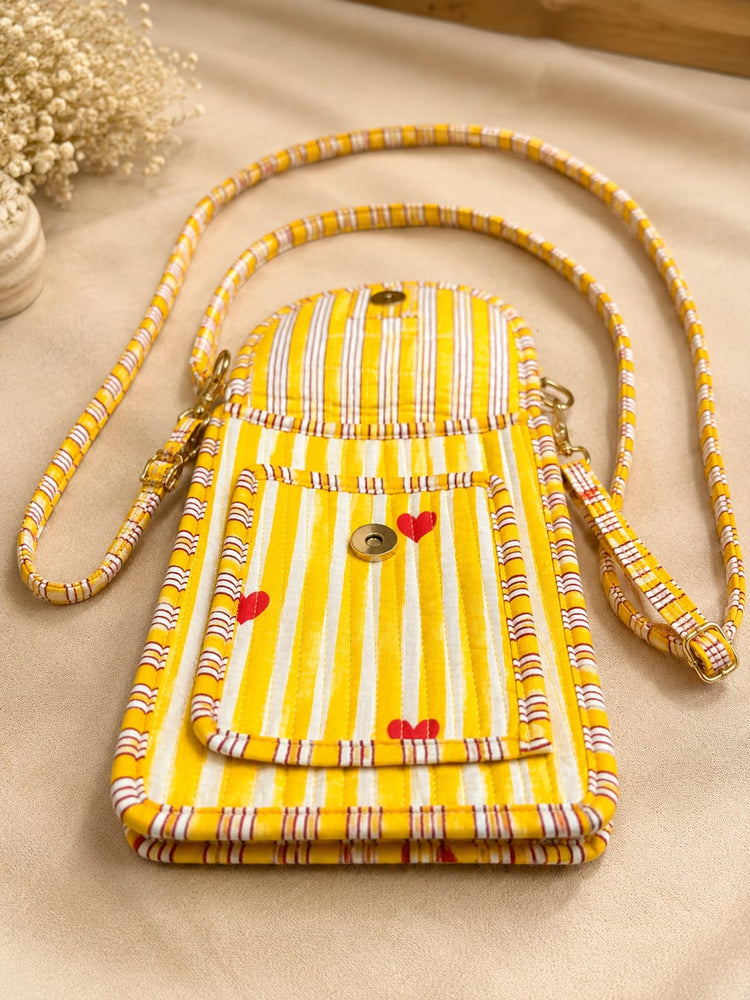 Rajwadi Heartline yellow Stripes Cotton Quilted Cross Shoulder Sling Bag by Vastra by Monty