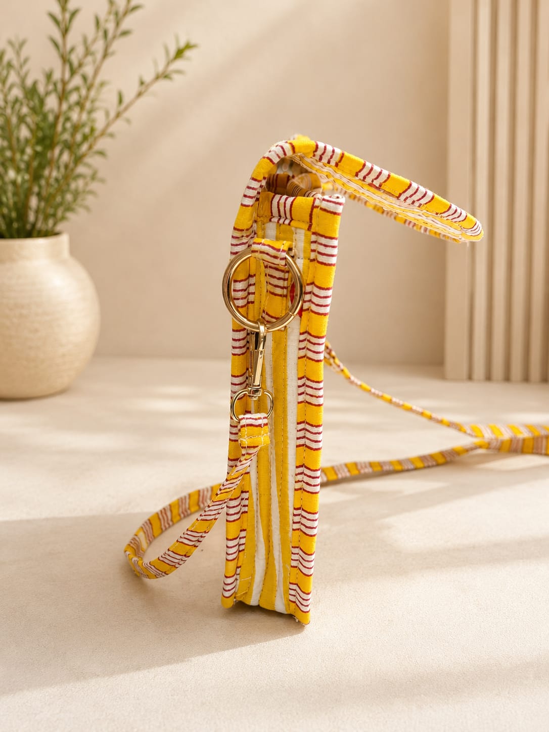 Rajwadi Heartline yellow Stripes Cotton Quilted Cross Shoulder Sling Bag by Vastra by Monty