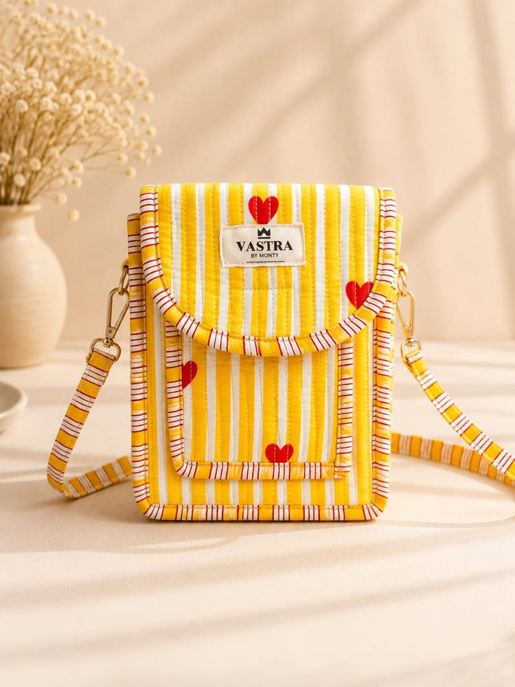 Rajwadi Heartline yellow Stripes Cotton Quilted Cross Shoulder Sling Bag by Vastra by Monty