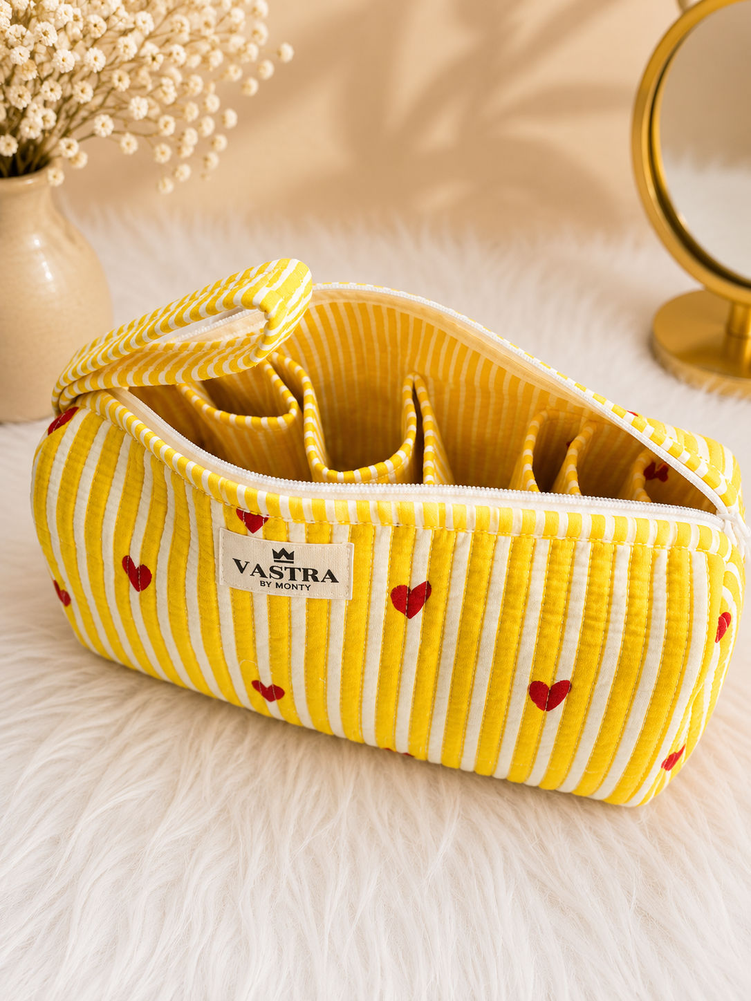 Signature Vanity & Tool Organizer — Rajwadi Heartline yellow Stripes Cotton Quilted