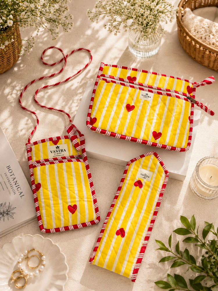 Yellow Heart Stripes Sling, Sunglass Case & Flat Pouch Combo