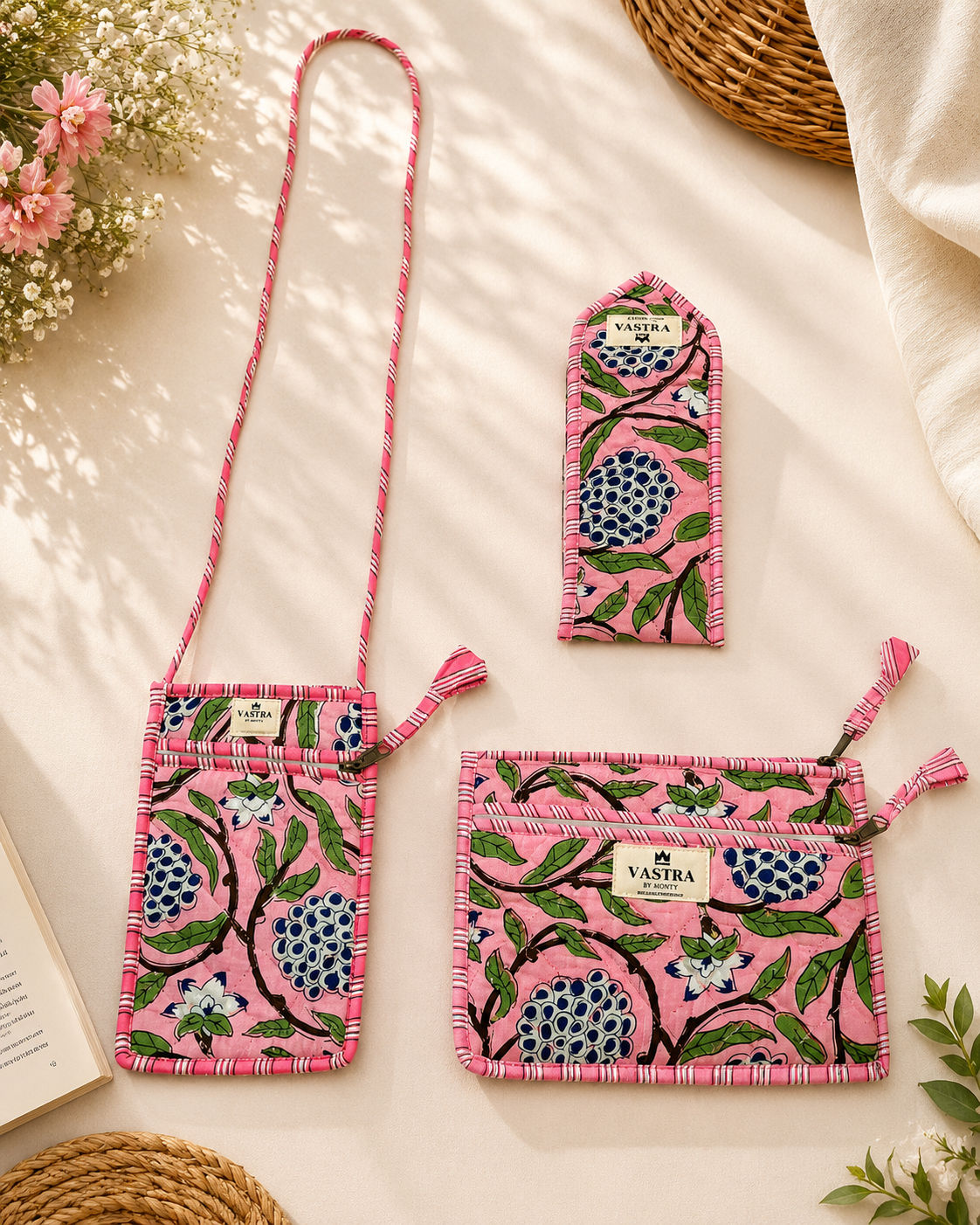 Pink Custard Apple Sling, Sunglass Case & Flat Pouch Combo