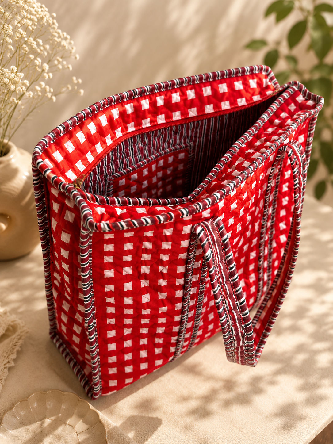 Red Gingham Cotton Quilted Tote Bag