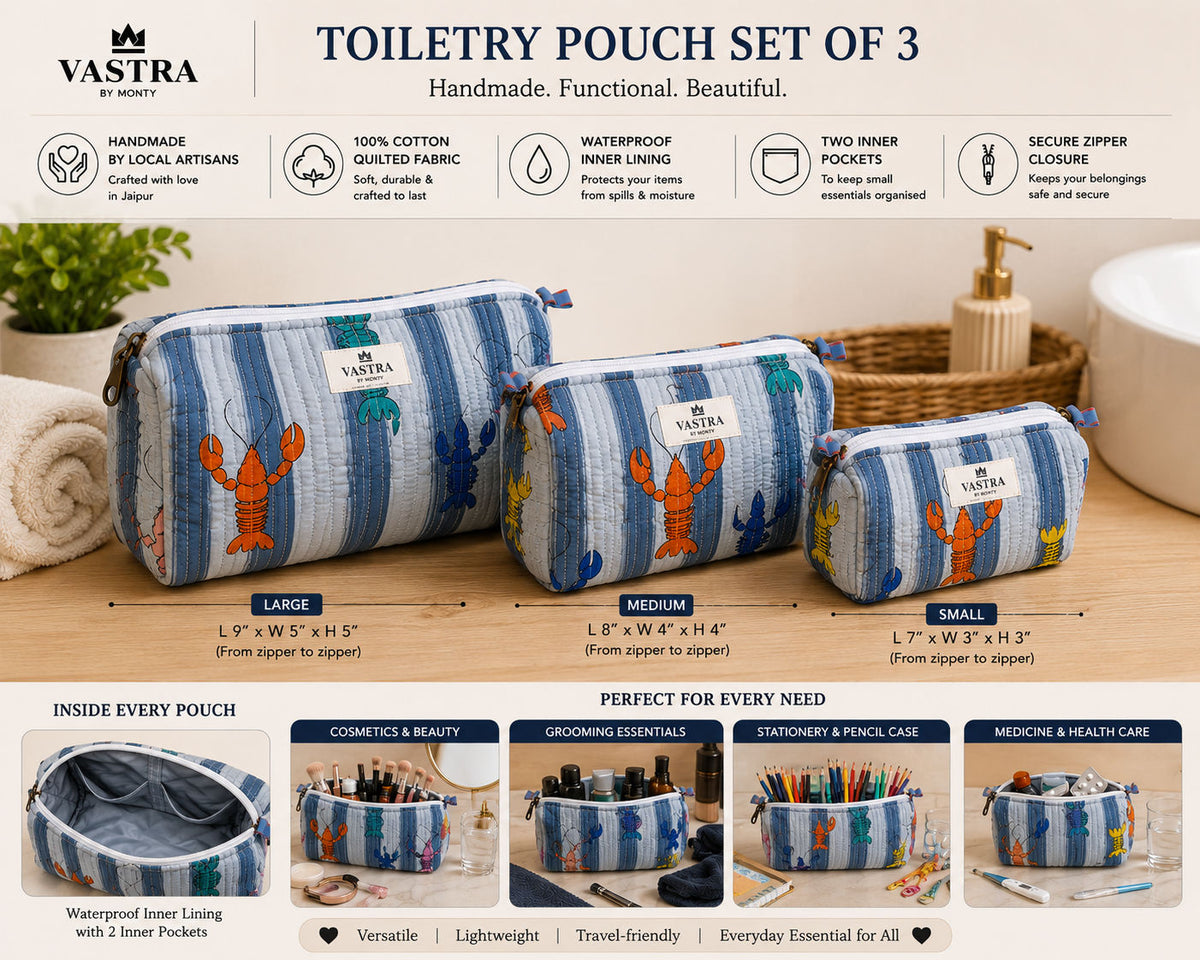 Stripe Lobster Cotton Handblocked Quilted Cotton Pouch