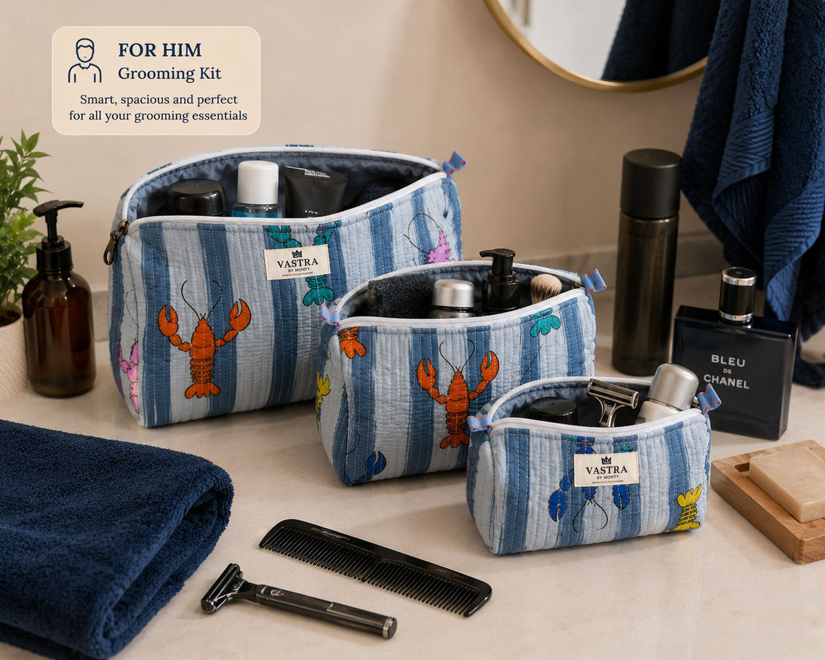 Stripe Lobster Cotton Handblocked Quilted Cotton Pouch