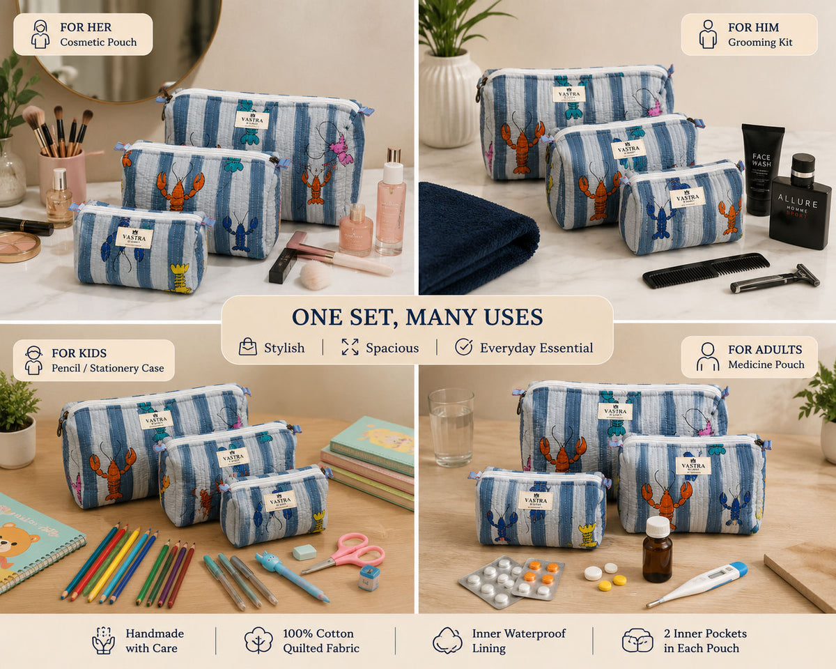 Stripe Lobster Cotton Handblocked Quilted Cotton Pouch