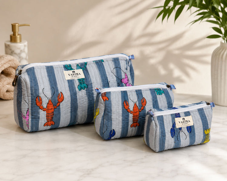 Stripe Lobster Cotton Handblocked Quilted Cotton Pouch