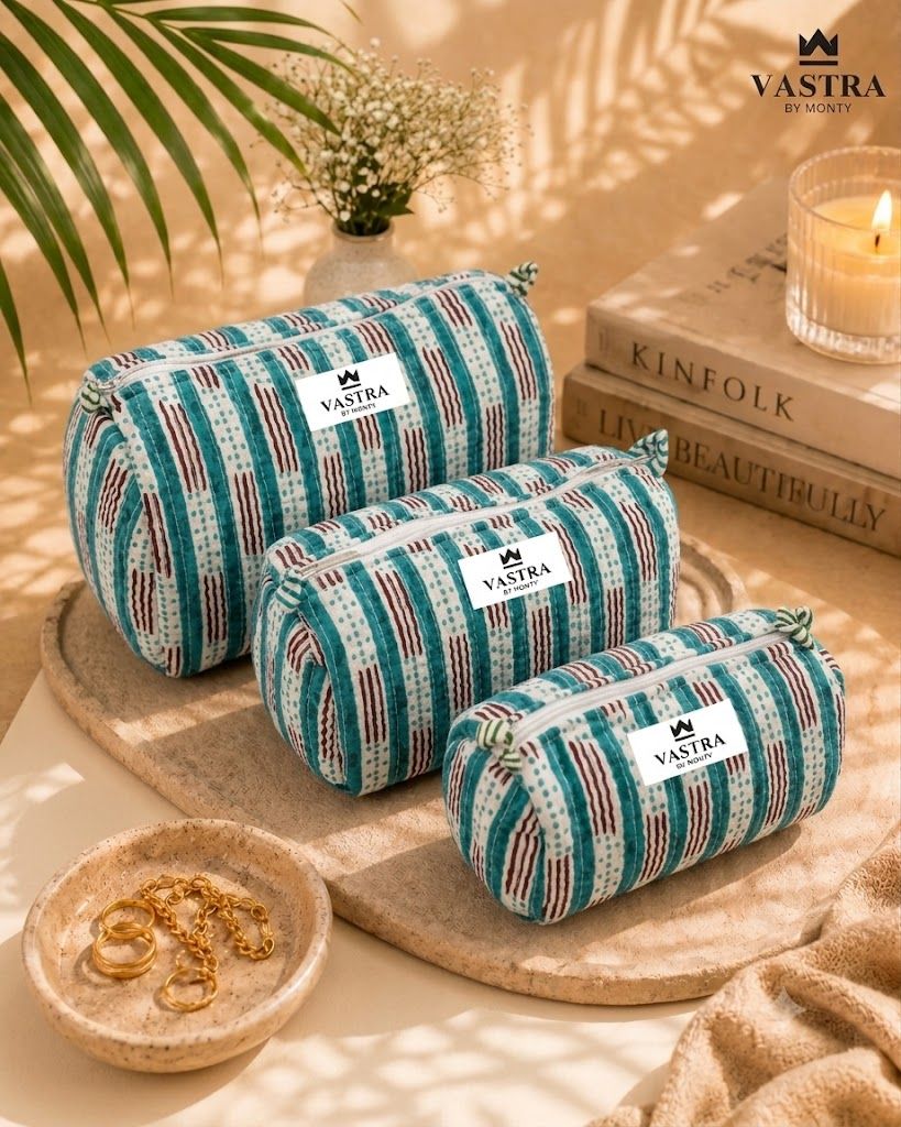 Aqua Stripe Cotton Quilted Pouch