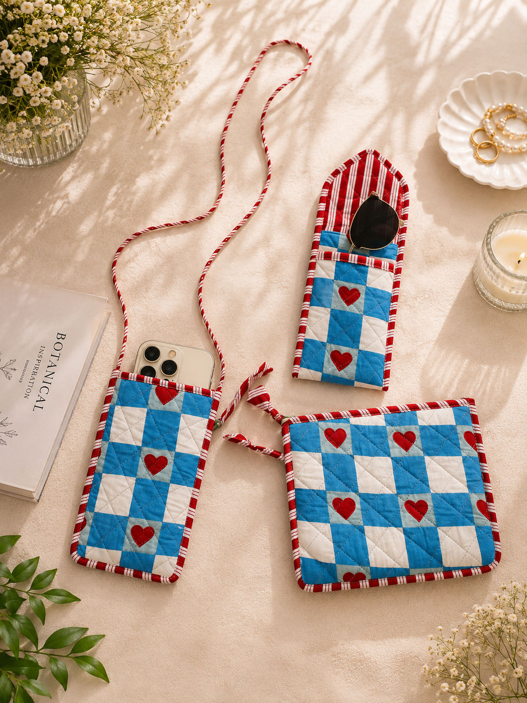 Blue & White Checkered Heart Sling, Sunglass Case & Flat Pouch Combo