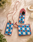 Blue & White Checkered Heart Sling, Sunglass Case & Flat Pouch Combo