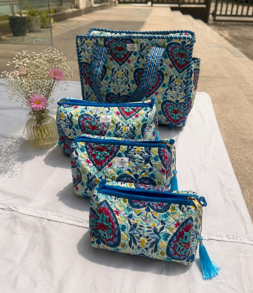 Small Heart Floral Motif Tote And Pouch Combo