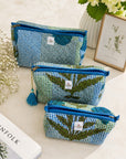 Blue Leafy Check Pouch Set