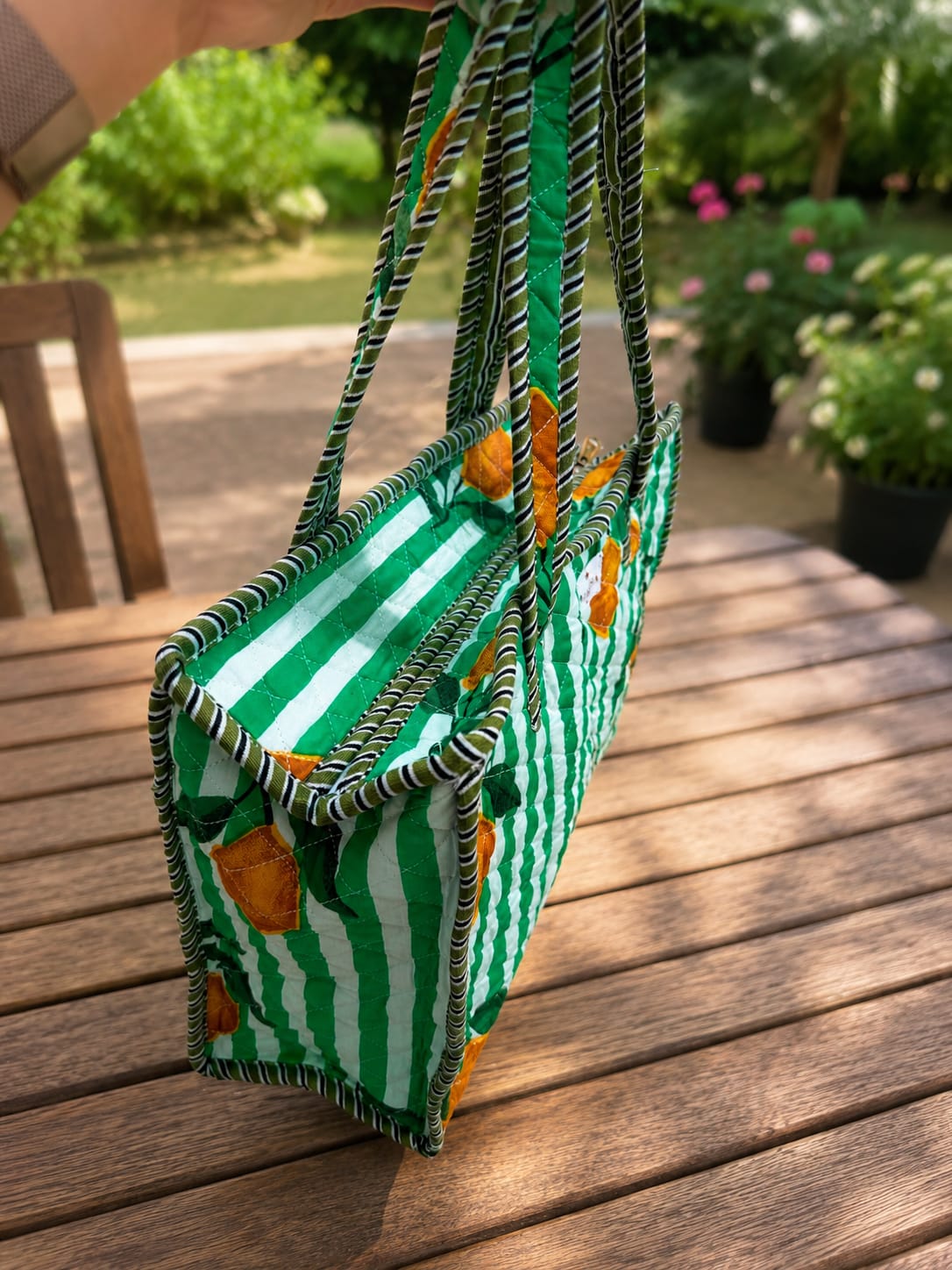 Green-Stripe Lemon Cotton Quilted Tote Bag
