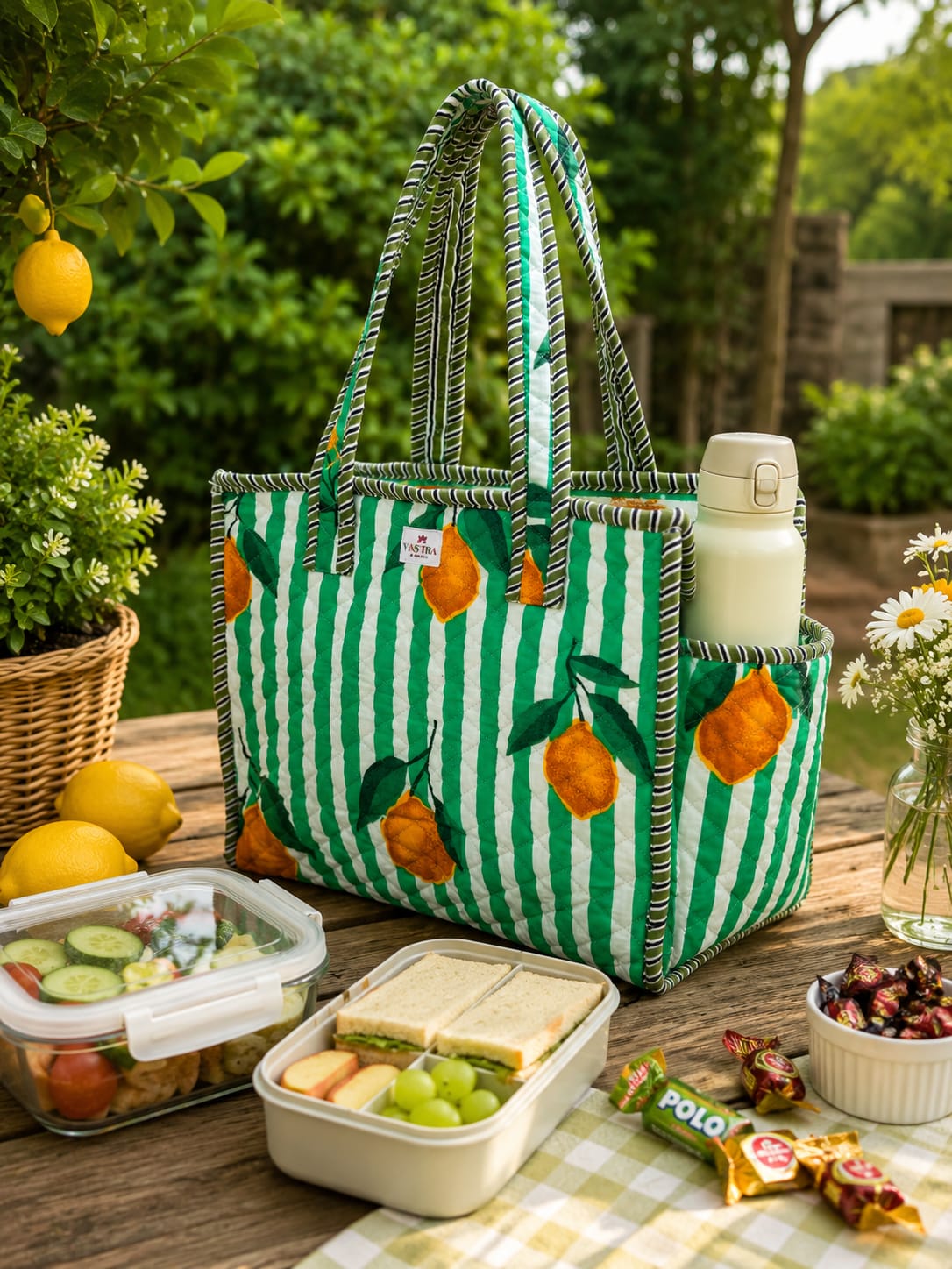 Green-Stripe Lemon Cotton Quilted Tote Bag