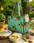 Green-Stripe Lemon Cotton Quilted Tote Bag
