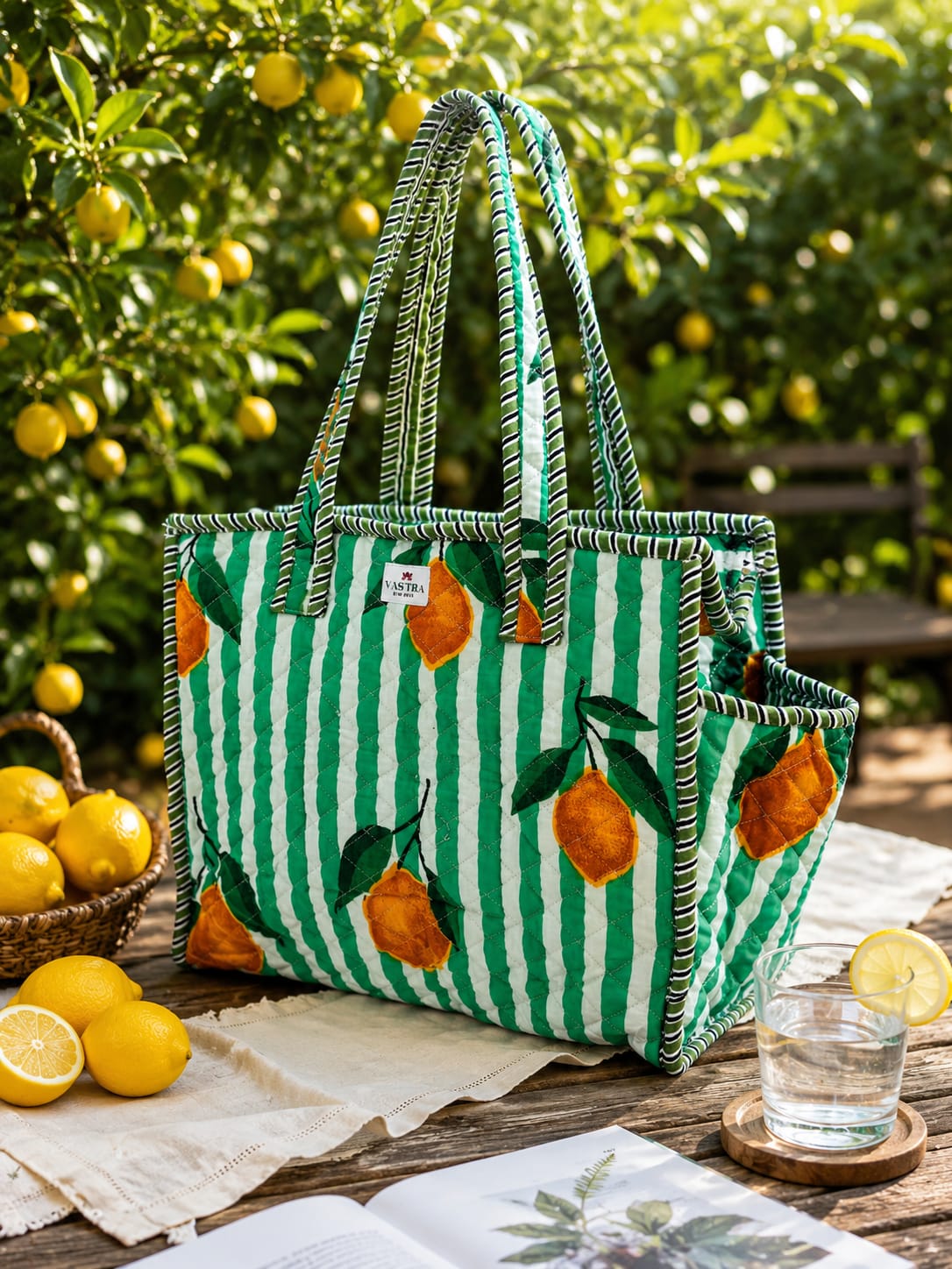 Green-Stripe Lemon Cotton Quilted Tote Bag