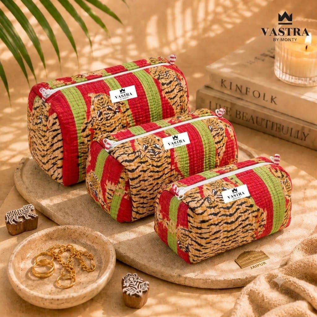 Red Green Stripe Tiger Cotton Quilted Pouch