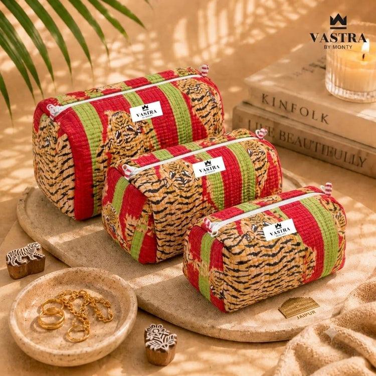 Red Green Stripe Tiger Cotton Quilted Pouch