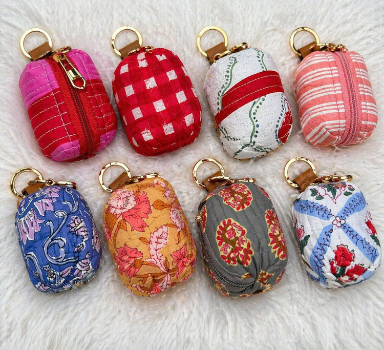 Cotton Handblocked Quilted Coin Pouch Keychain