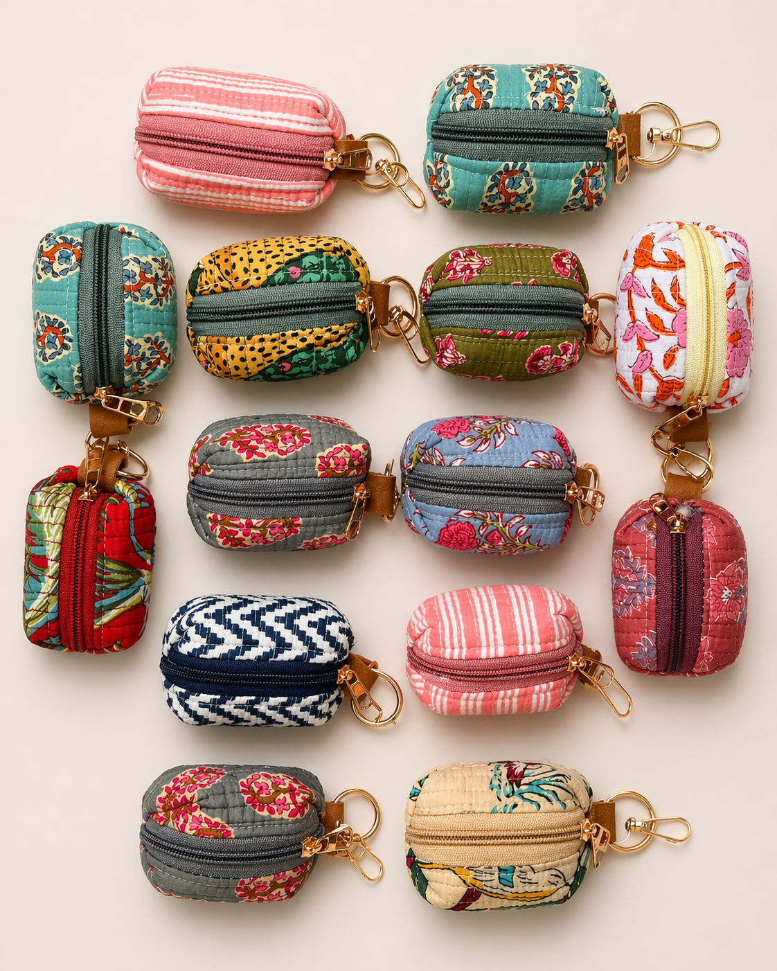 Cotton Handblocked Quilted Coin Pouch Keychain