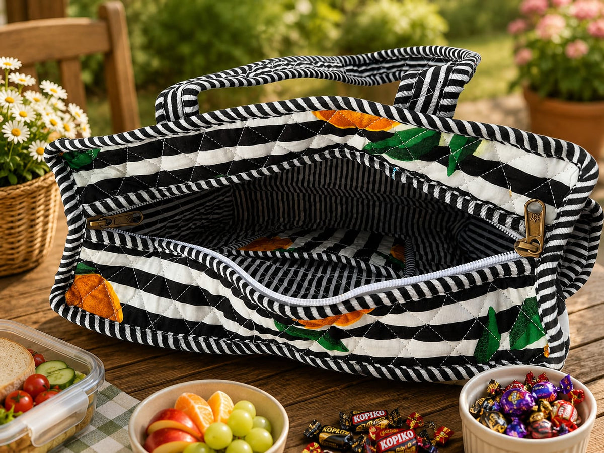 Black-Stripe Lemon Cotton Quilted Tote Bag