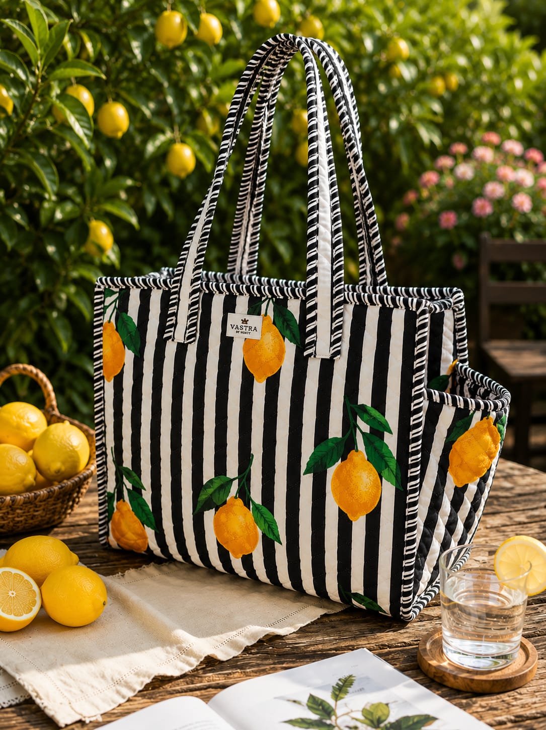 Black-Stripe Lemon Cotton Quilted Tote Bag