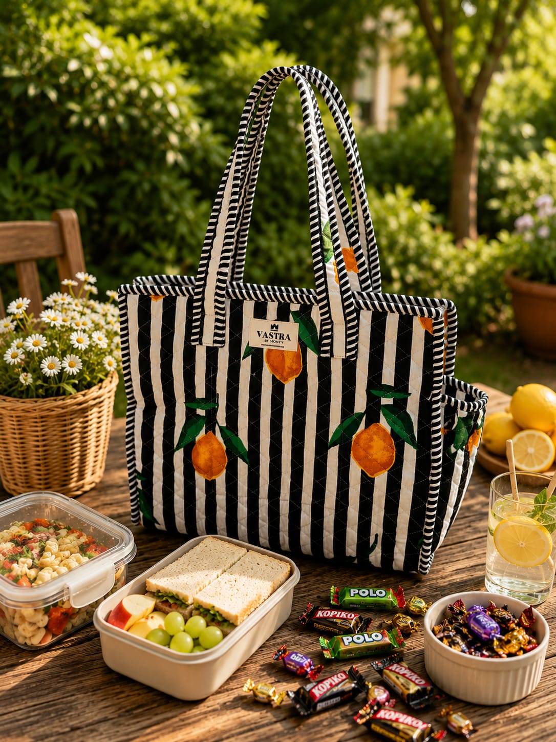 Black-Stripe Lemon Cotton Quilted Tote Bag