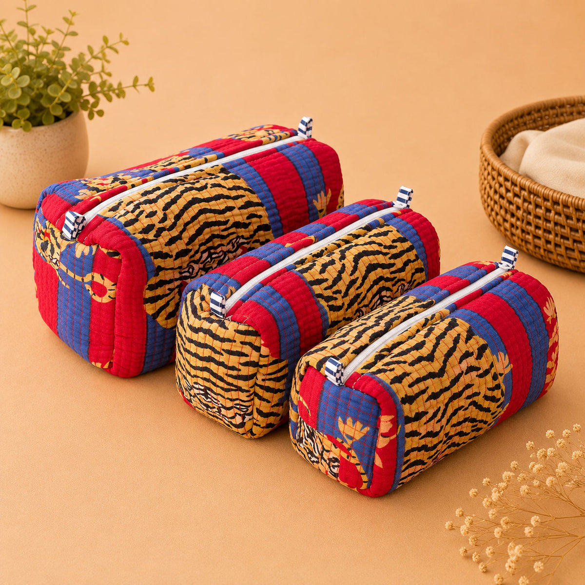 Royal Tiger Stripes Handblocked Quilted Cotton Pouch