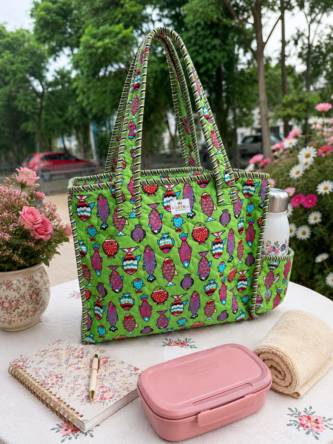 Colorful Fish Green Cotton Quilted Tote Bag