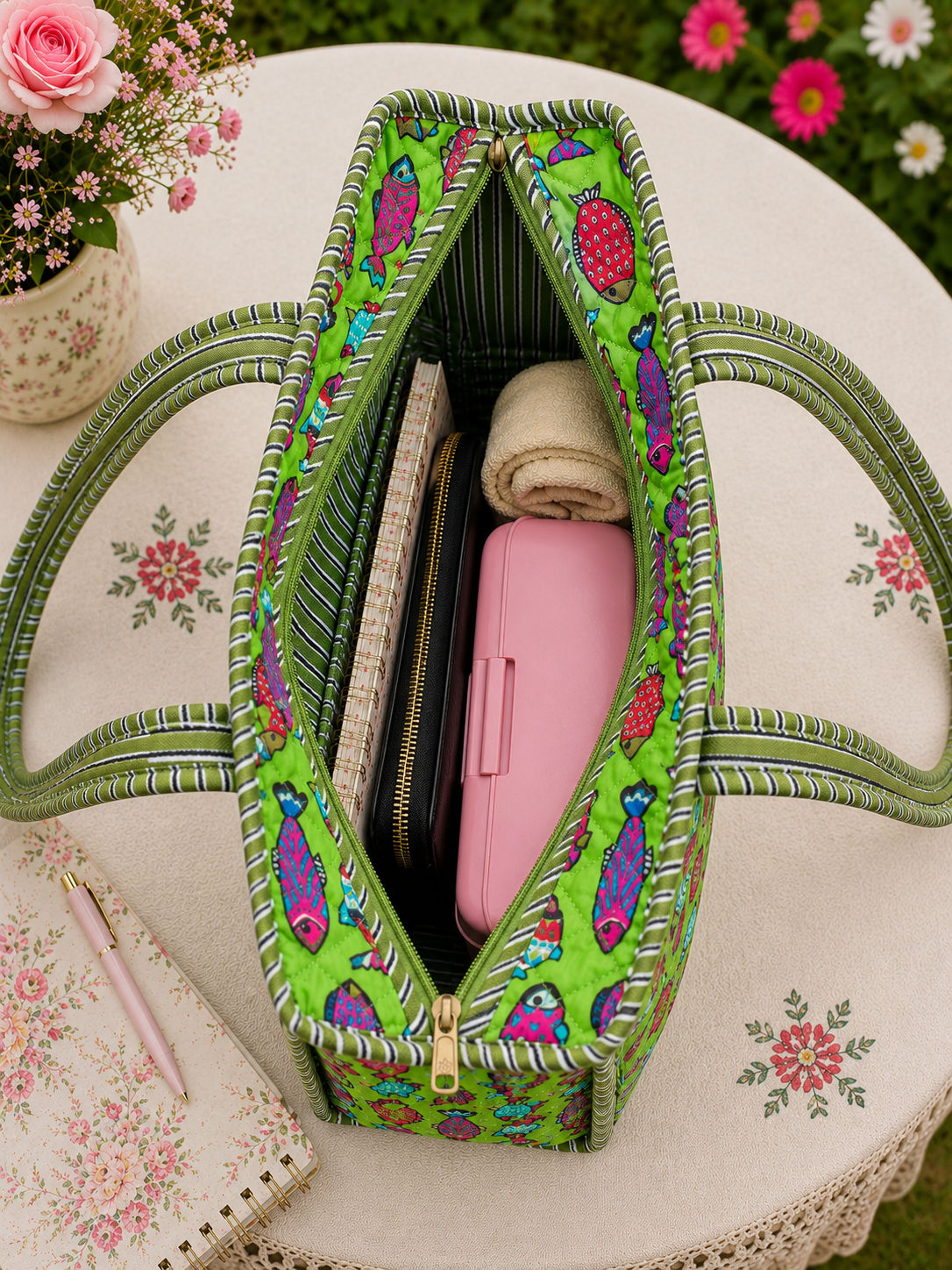 Colorful Fish Green Cotton Quilted Tote Bag