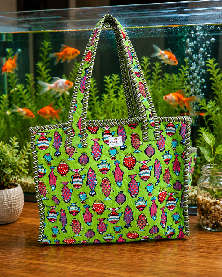 Colorful Fish Green Cotton Quilted Tote Bag